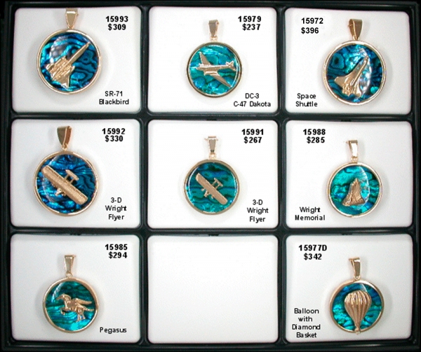 First Flight, Evolution of Aviation, Modern Craft, Ballons and Pegasus on Sea Opal Abalone Disc Pendants